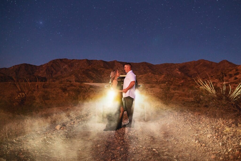 nighttime engagement photos offroading in the desert with polaris razr lake havasu city