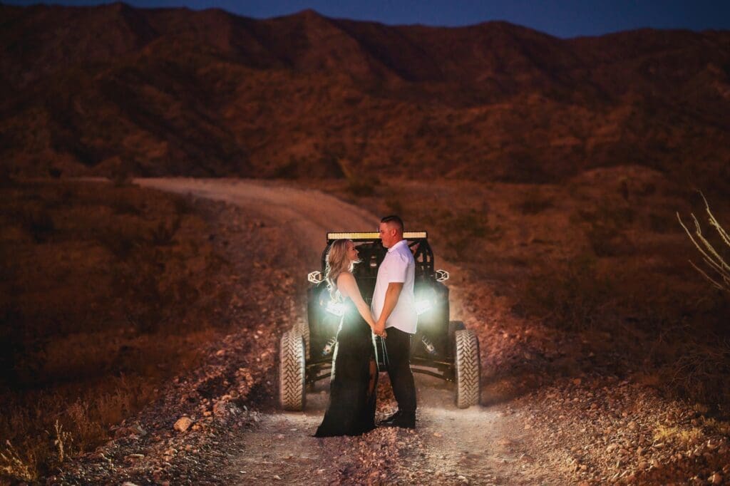 nighttime engagement photos offroading in the desert with polaris razr lake havasu city