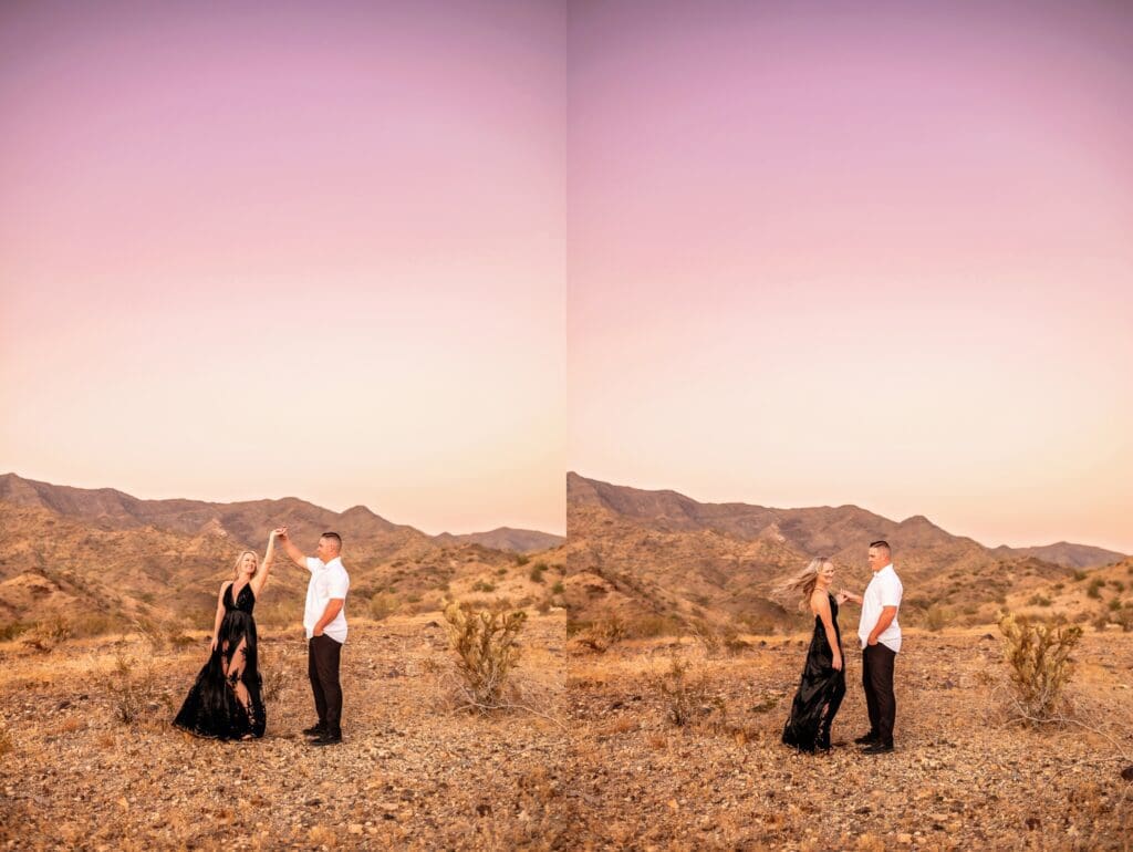 engagement photos with incredible long black dress mohave county arizona