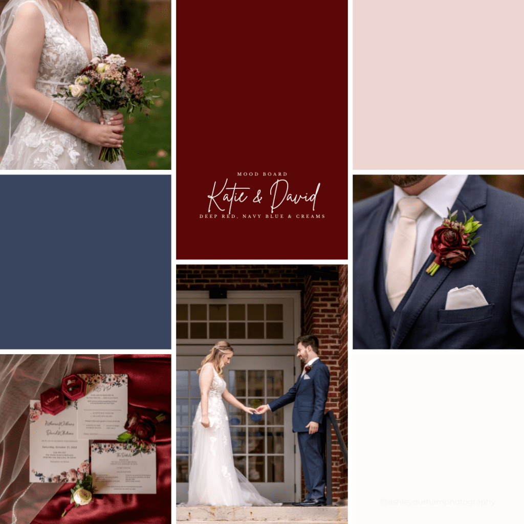 Navy Blue Deep Red Pink and Cream wedding mood board