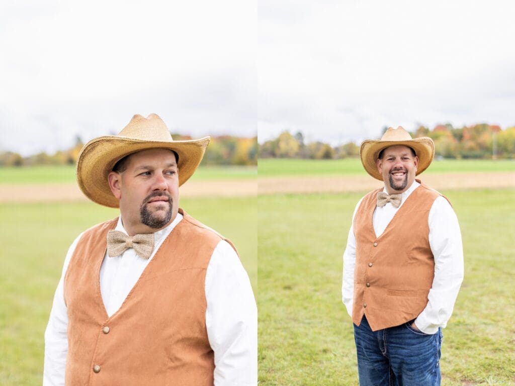 groom wearing a cowboy hat, bow tie and vest