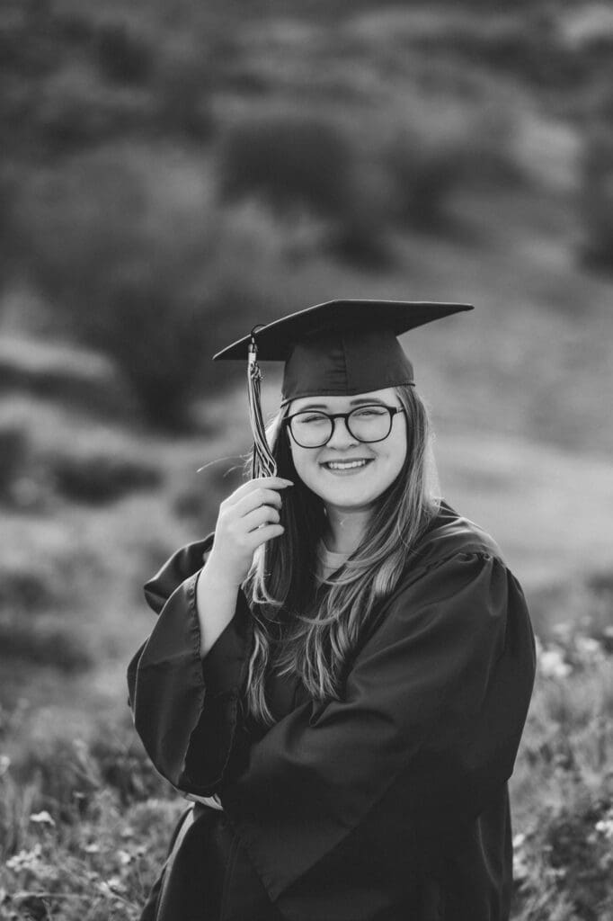 black and white cap and gown senior photos